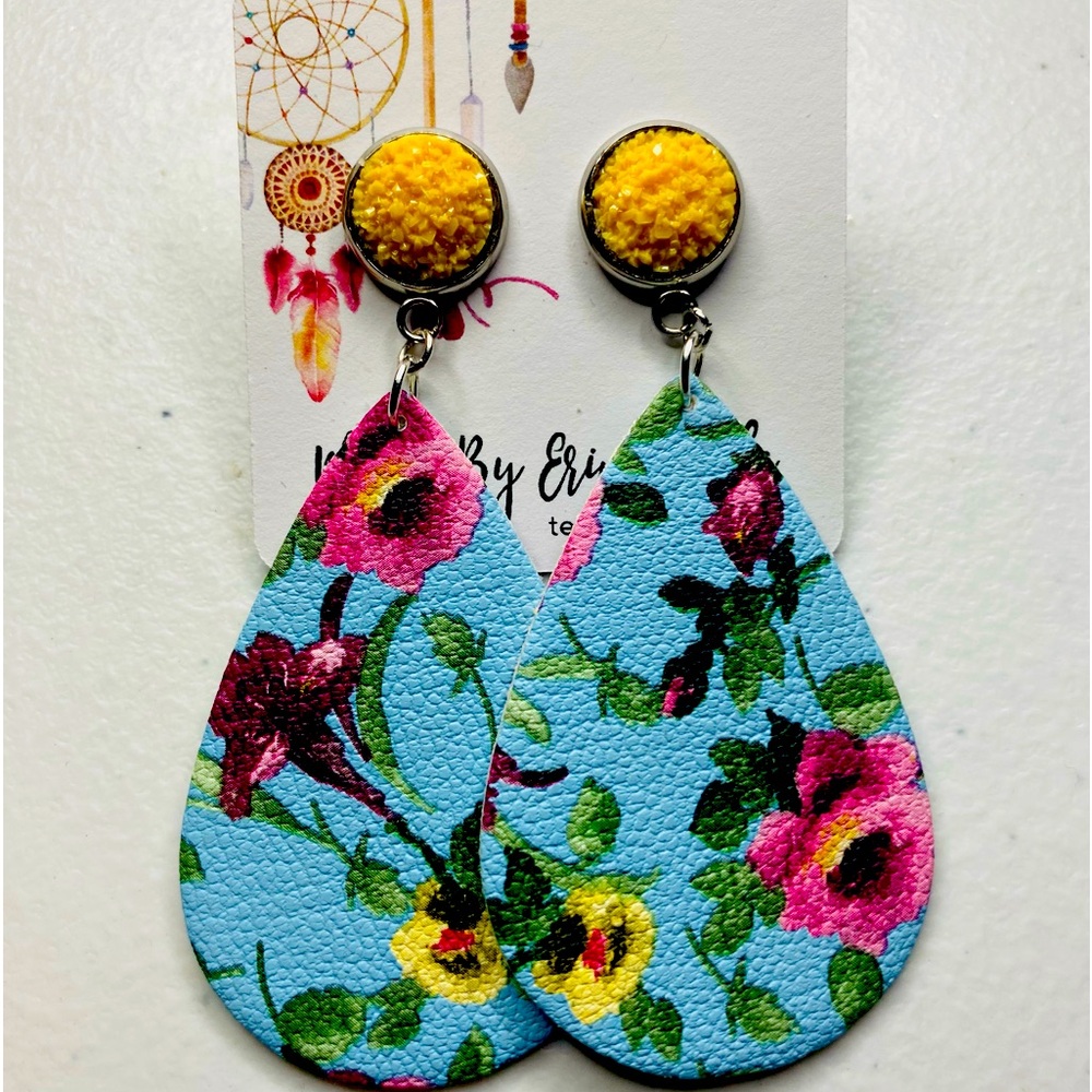 Handmade Colorful Floral Dangle Teardrop and drusy stone stud Earrings